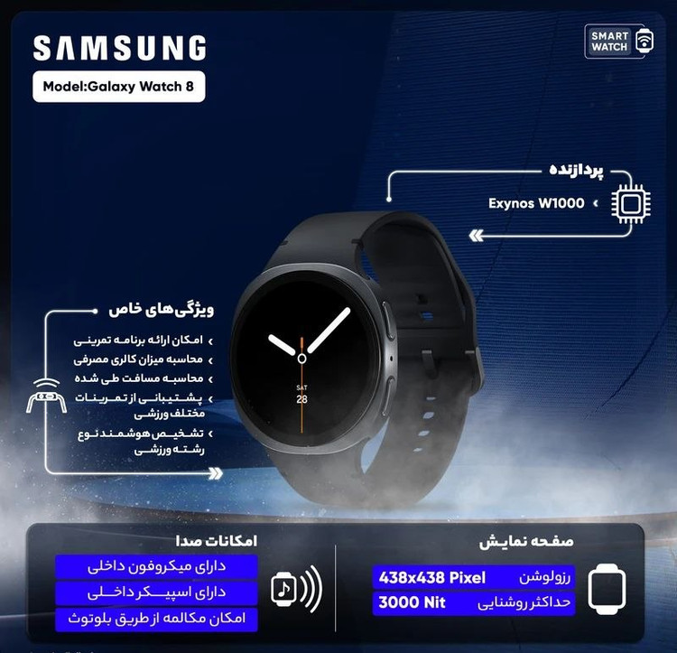 ساعت هوشمند 40 میلیمتری سامسونگ مدل Galaxy Watch 8 با بند پلاستیکی